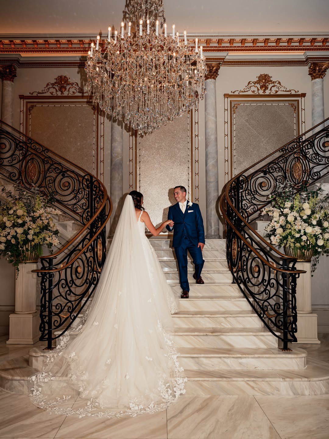 Aerial view of a couple dancing in the grand foyer